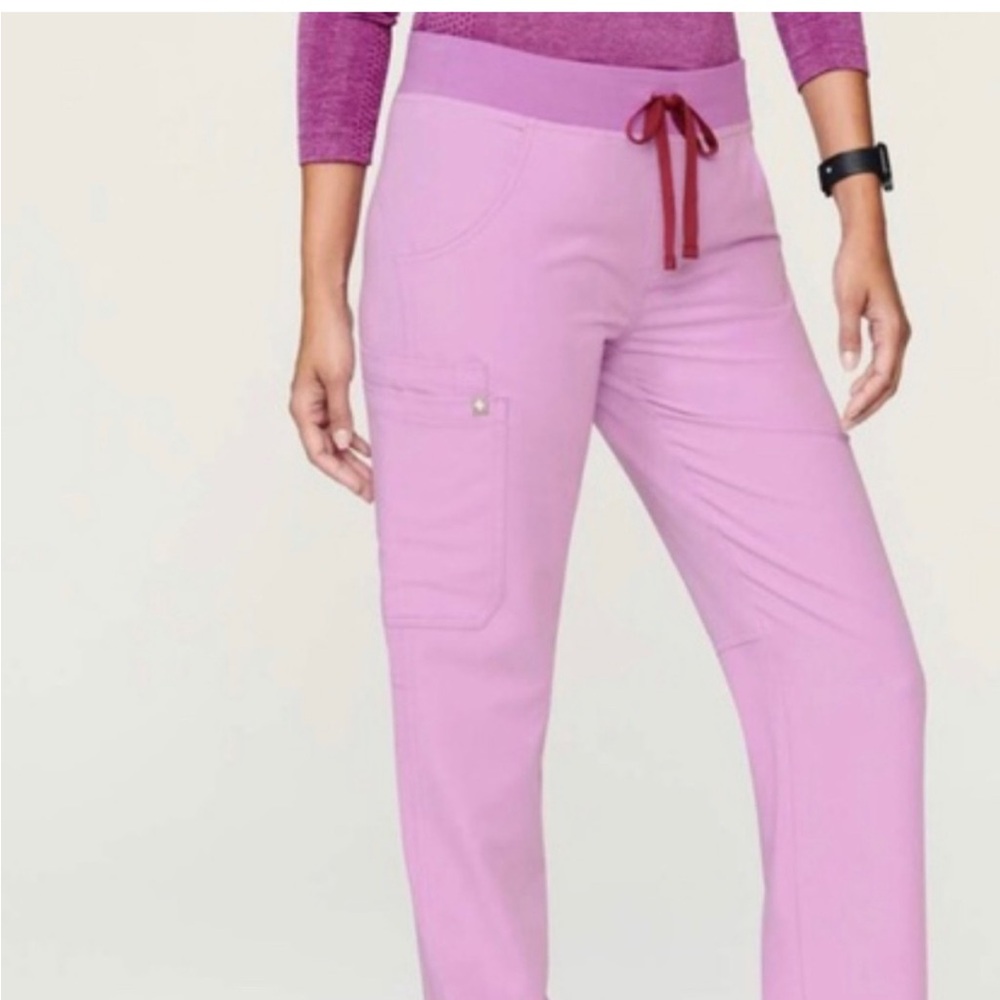Figs Women's Light Pink Scrub Joggers with Burgundy Drawstring